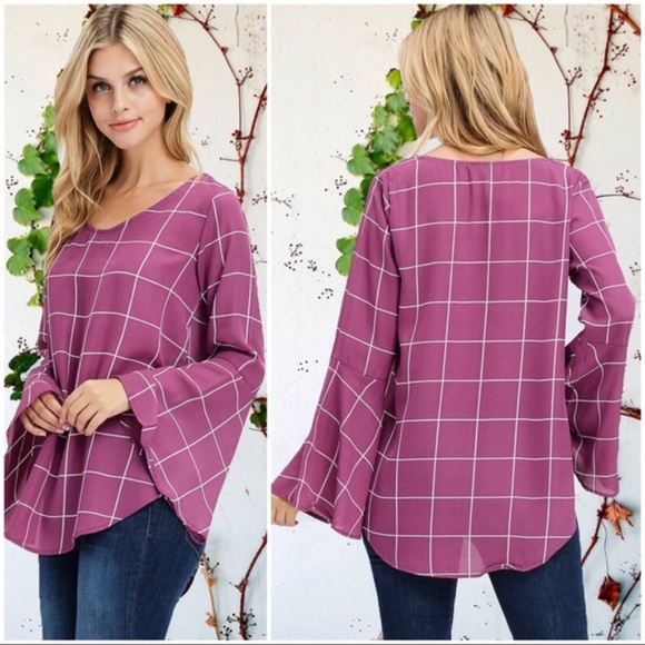 Infinity Raine Tops - LAST ONE! Plum Bell Sleeve Window Pane Plaid Tunic